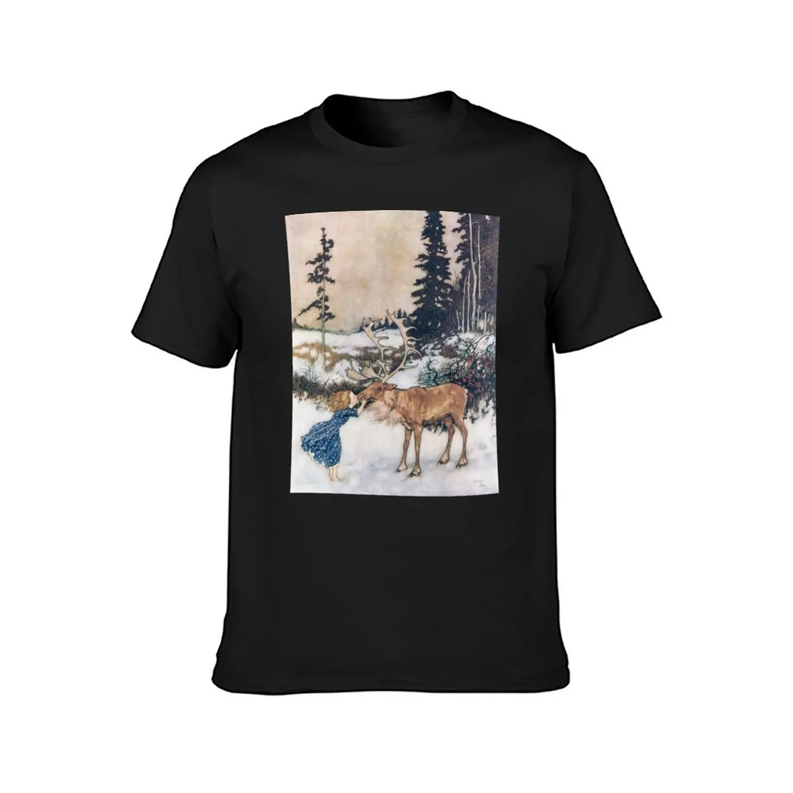 Gerda and the Reindeer - The Snow Queen Edmund Dulac T-Shirt oversizeds summer top T-shirts for men cotton