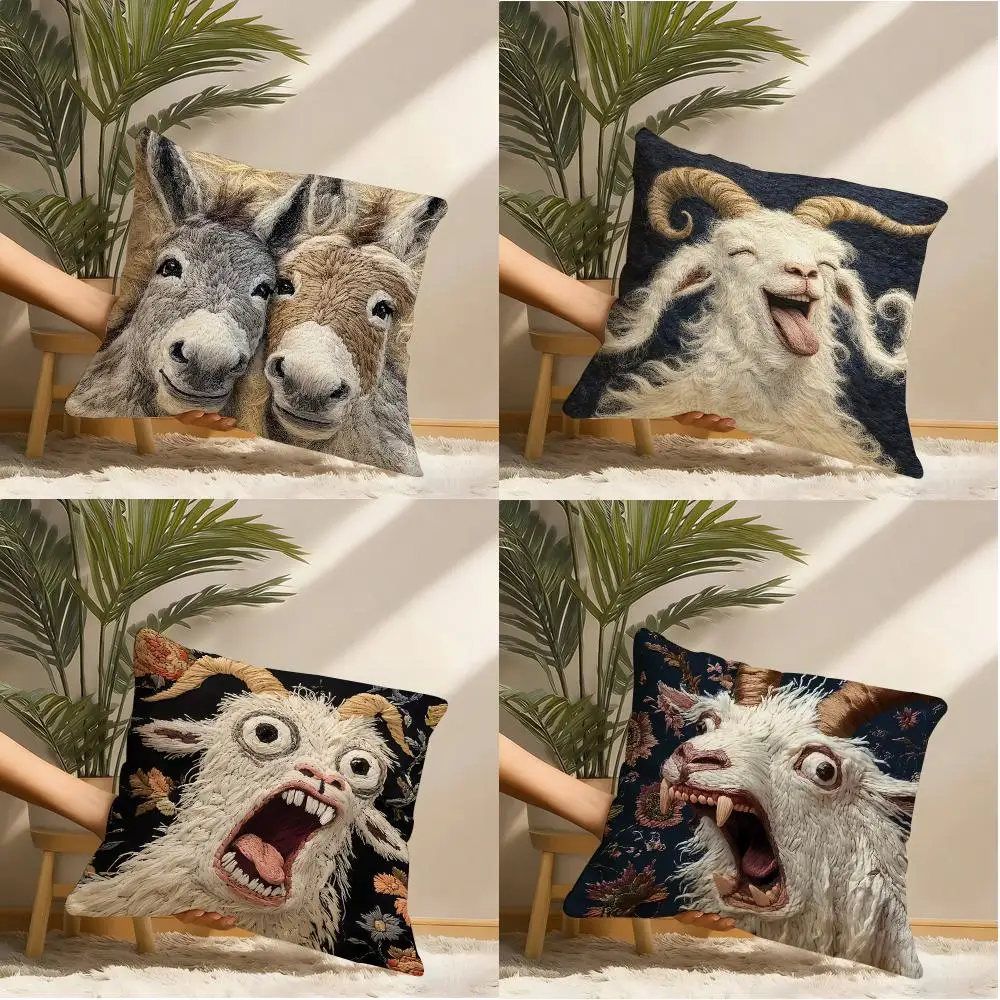 Screaming Goat Embroidery Art Cushion Cover Natural Linen Organic Fabric Double-Sided Printing Breathable Perfect Gift For Decor