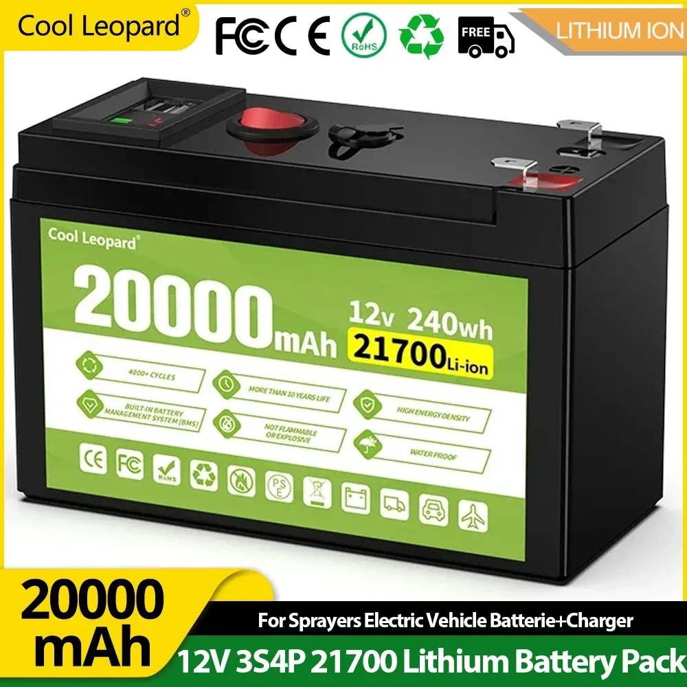 

100%Original 12v 21700 Lithium Battery Pack 20Ah High Current Built-In BMS Built-In 5V2.1A With USB Power Display Port + Charger