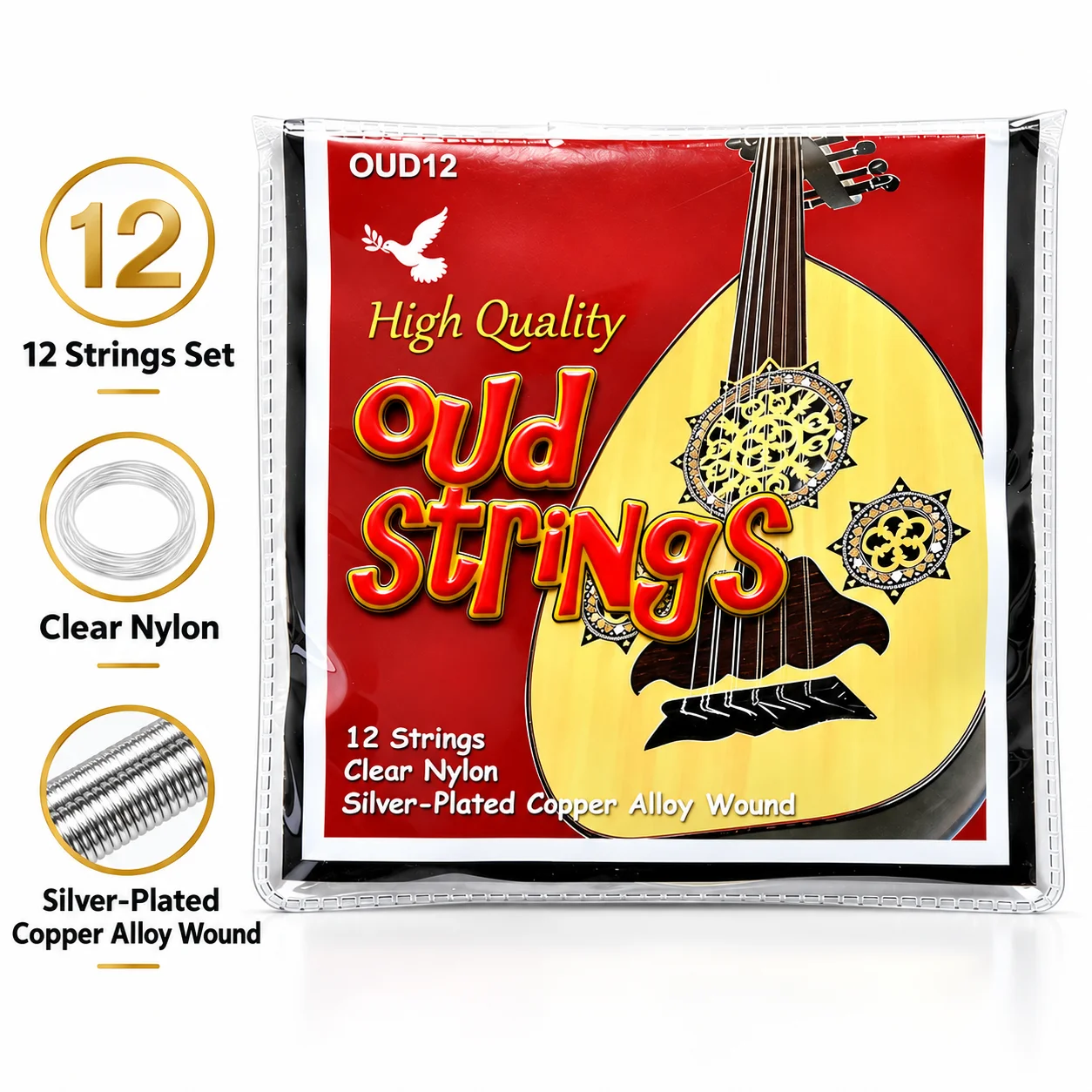 Oud Strings 12-String Set, Arabic FF Tuning, Clear Nylon, Silver-Plated Copper Alloy Wound String for Oud Accessory Parts(22-33)
