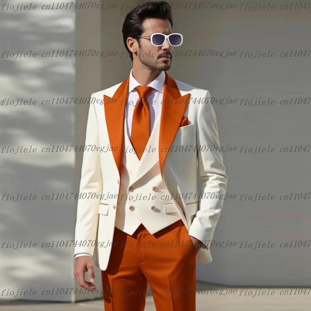 

New Orange And White Men Suit Formal Wedding Party Groom Business Male Tuxedos Customized 3 Piece Set Jacket Vest Pants