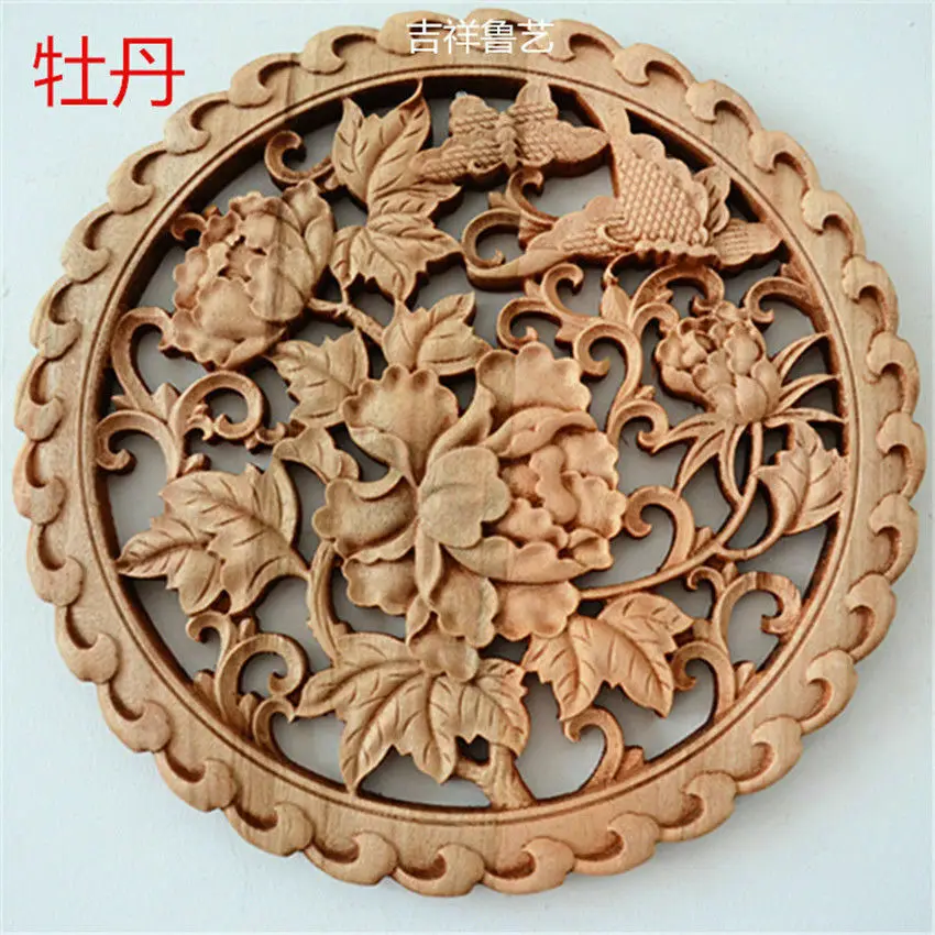 

Chinese Hand Carved Statue Camphor Wood Round Plate Wall Sculpture