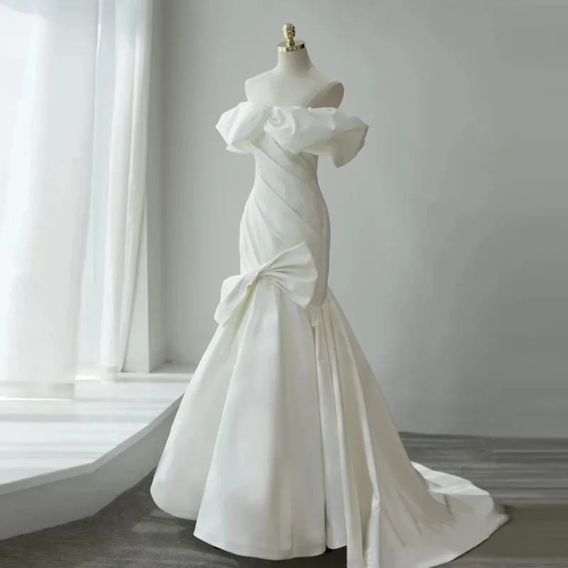 

VENSANAC Pleat Puff Boat Neck Satin Mermaid Wedding Dress Big Bow Short Sleeve Sweep Train Bridal Gown