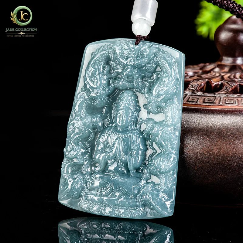 NaturalaGenuine Jadeite Blue Water Kowloon Guanyin Dragon Pendant, Ice Jadeite Amulet for Protection, Unisex Jade Ornament