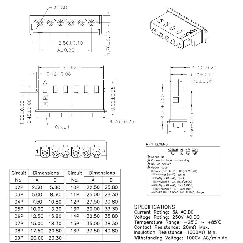 30/50/100Pcs/lot A2506H 5264 Terminal Female Housing Connector 2P 3P 4P 5P 6P 7P 8P 9P 10Pin 2.5mm Pitch Plastic Shell+Terminal #6