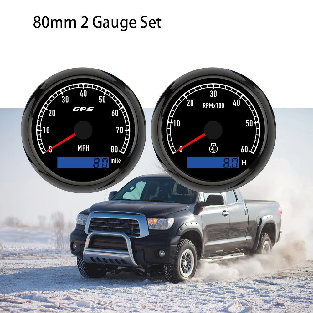 RHAXEL 80mm 2 Gauge Kit 80MPH 120MPH GPS Speedometer Odometer Tachometer 6000RPM 8000RPM with LCD Hour Meter 12V 24V for Auto RV