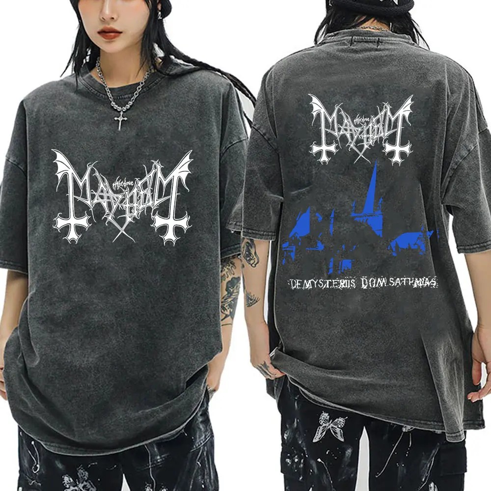 Mayhem The Dawn of The Black Hearts Vintage Washed T-shirt Death Black Metal Rock Band Men's Fashion Gothic Short Sleeve T Shirt