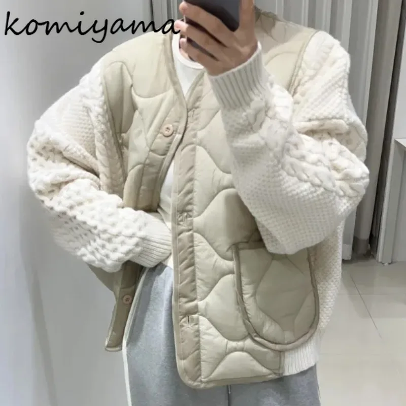 Knitted Patchwork Women 2025 Outerwears Single Breasted Chaquetas Mujer Hit Color V-neck Jacket Loose Jackets Korean Coats