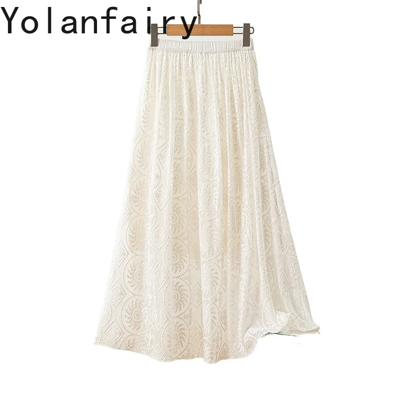 YOLANFAIRY 100% Real Mulberry Silk Skirts Woman Clothing Summer High Waist White Skirt Women Elegant Embroidery Skirts Fashion