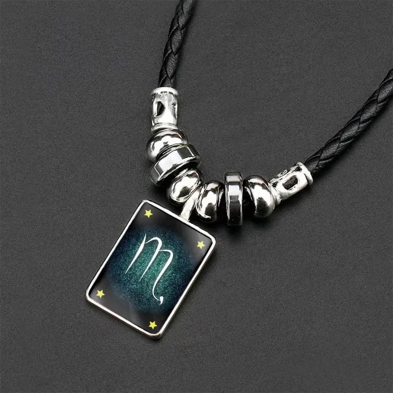 New 12 Constellation Luminous Leather Necklace for Men Zodiac Necklace Pendant Men Women Gifts