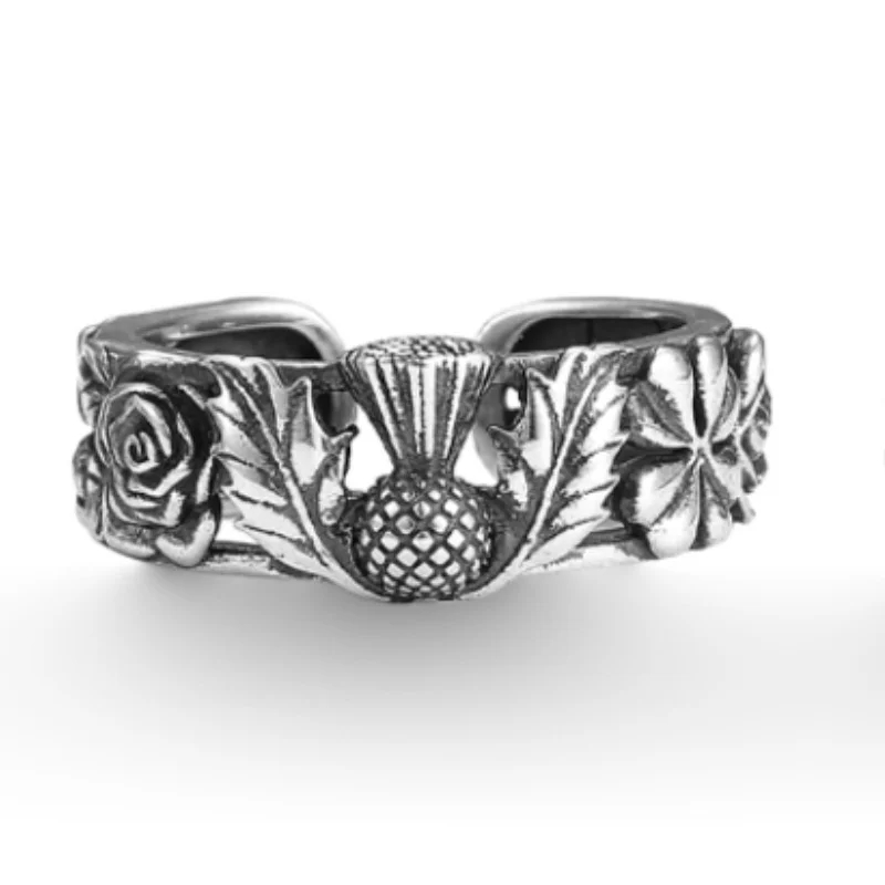 Vintage Rose Four Leaf Clover Thistle Opening Ring Male Finger Accessories Retro Ring 925 Silver Jewelry MenRing Open Szie