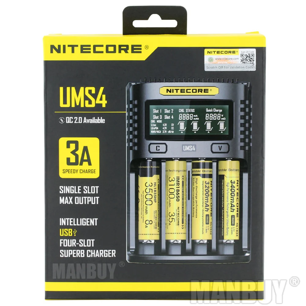 Imagem -02 - Nitecore Carregador Universal Automático Inteligente Usb Slots Excelente Li-ion Ni-cd Ni-mh Imr Ums4 3a Carregador Rápido Atacado