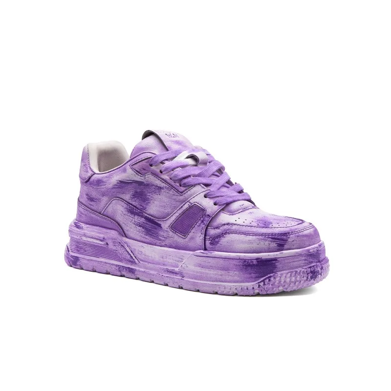 Men Casual Walking Shoes Trendy Purple Graffiti Genuine Leather Platform Sneakers Thick Sole Hip‑Hop Street‑Style Skate Shoes