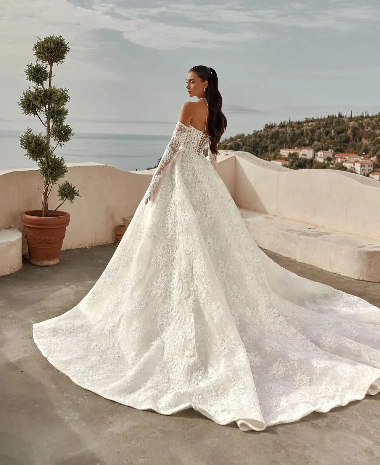 Abito da sposa in pizzo manica lunga Estilo Princesa Elegantes Bianco su misura Vestido Abiti Da Sposa Noiva De Novia 2025 Personalizza