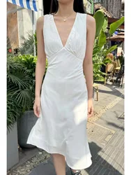 Sweet Women V-neck White Dress 2024 New Fashion Spring Ladies High Waist Sleeveless Midi Dress Vintage Female Flowing Long Dress