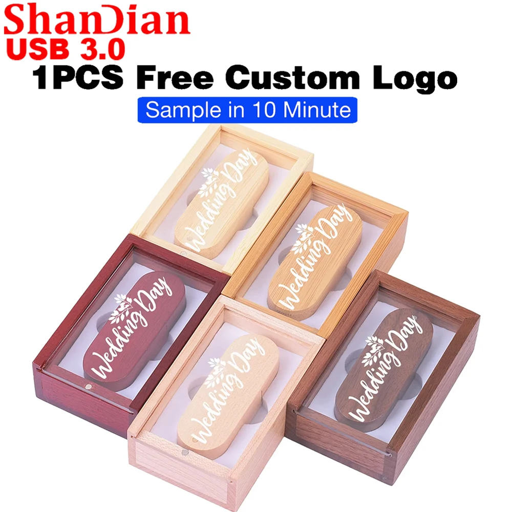 High Speed USB 3.0 Flash Drive 128GB Transparent Cover Wooden Push-pull Box Pen Drive Free Custom Logo USB Stick Wedding Gift