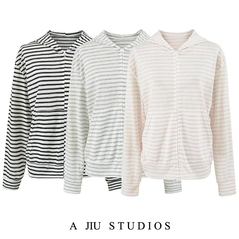 American Casual Rayon Stripe Sun Protection Outerwear Women Summer Open Cardigan Hood Breathable Lightweight Loose Garment