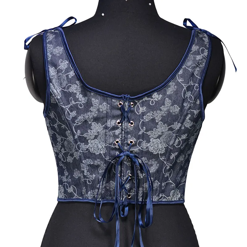 Denim Jacquard Rose Floral Women's Renaissance Lace Up Vintage Boned Bustier Corset