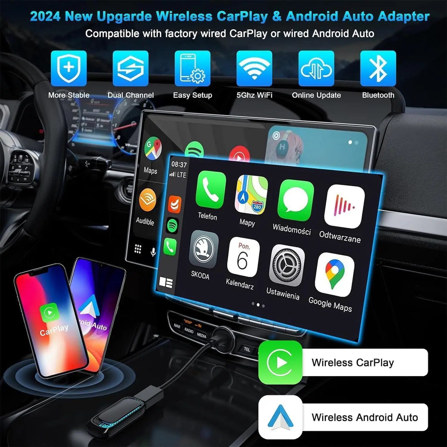 CarPlay Wireless Adapter for iPhone,2024 Upgrade 2 in 1 and Android Auto-Connect, Thermal Vent Design,Dongle for Factory Wired