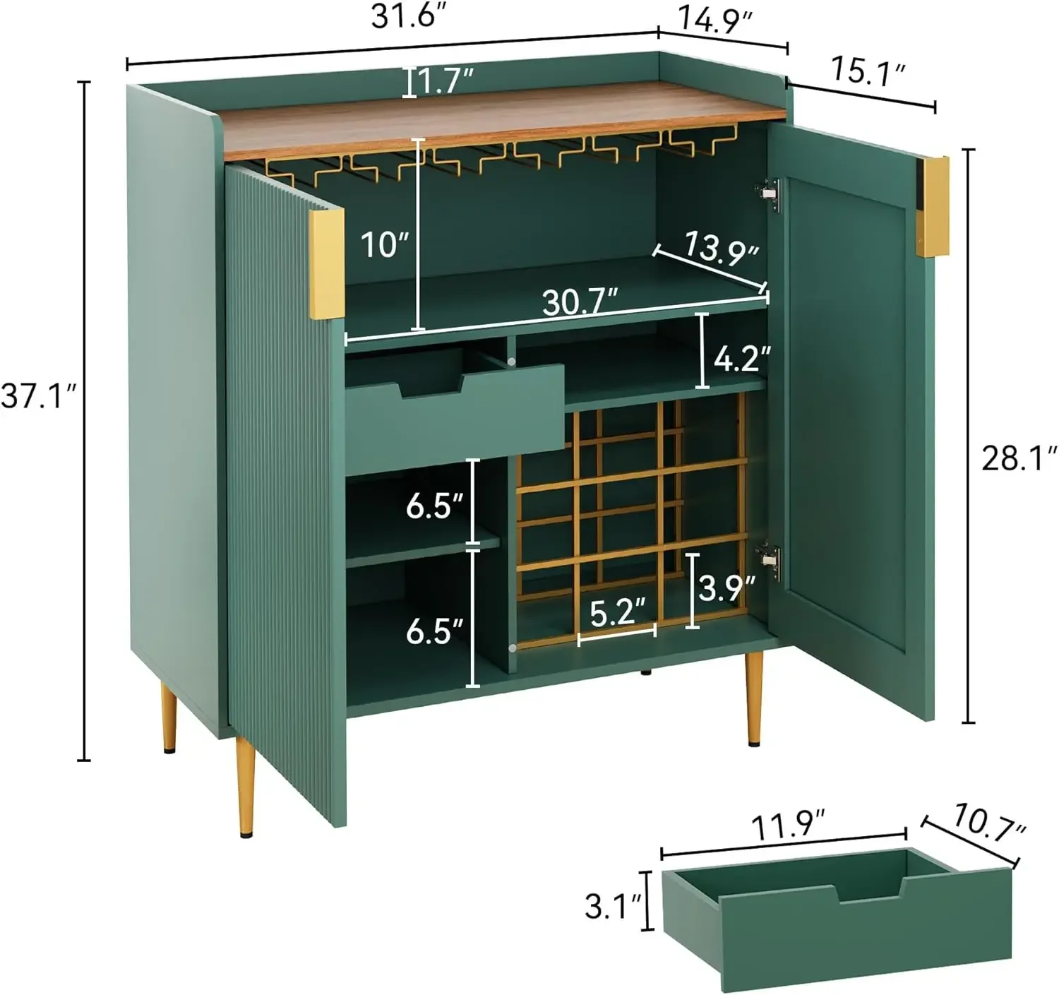 Coffee Bar Cabinet with Wine Racks, Green Liquor Cabinet with Fluted Texture, Modern Sideboard Buffet Cabinet for Kitchen