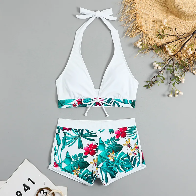 Women's Bikini Sets V Neck Tropical Leaf Print High Waisted Two Pieces Swimsuit with Shorts Swimwear Bathing Suits Vintage Pants