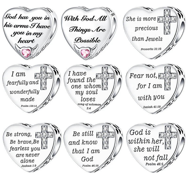

925 Sterling Silver Bible Verse Heart Charms Cross CZ & Inspirational Scripture Engraved Beads Fits Bracelets Jewelry Gift