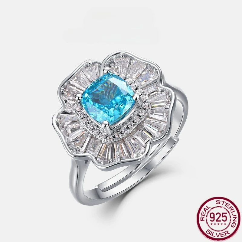 

New S925 Pure Silver Sparkling Color Treasure Flower Ice Flower Cut High Carbon Diamond Open Ring Light Luxury Wedding Jewelry