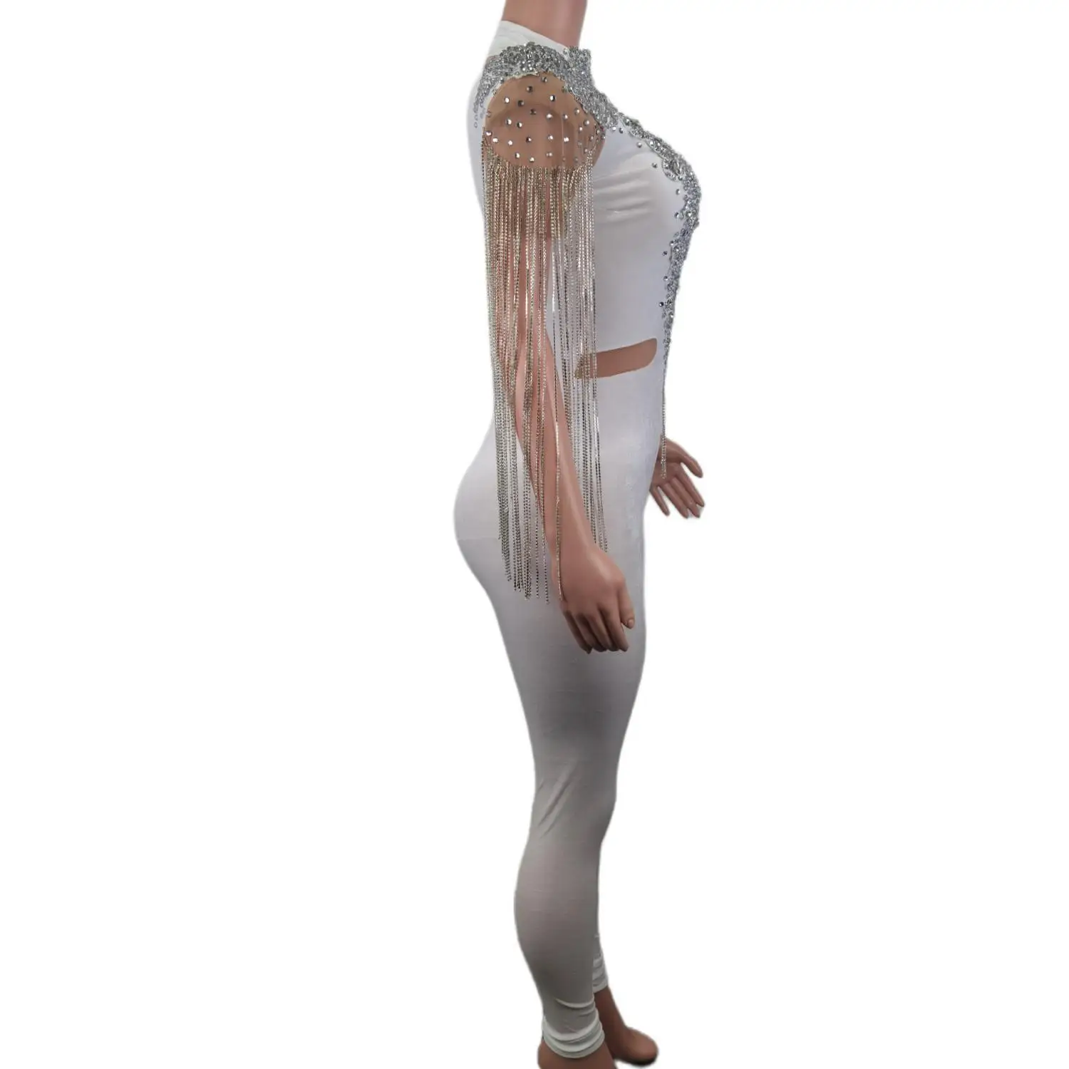 Cristais gola alta branco veludo macacão preto grils noite sexy correntes dança traje aniversário vestidos de festa à noite baivling