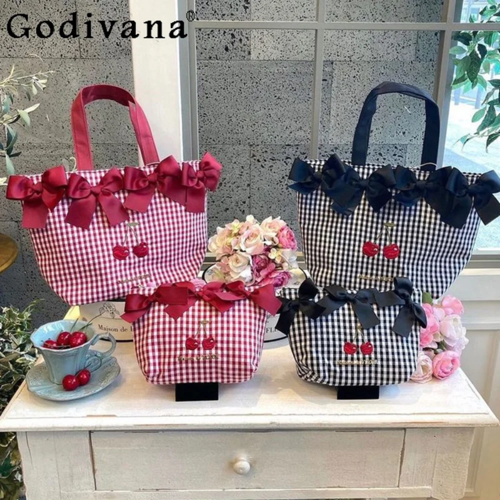 Japanese Style Embroidery Small Cherry Handbag Portable Makeup Handheld Storage Bowknot Cosmetic Bag Travel Storage