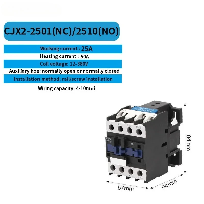 CJX2-2501 CJX2-2510 25A AC Contactor Din Rail Mounted 3 Phase 3 Pole 3P+1NO/3P+1NC Coil 380V 220V 110V 24V 50/60HZ Silver dots