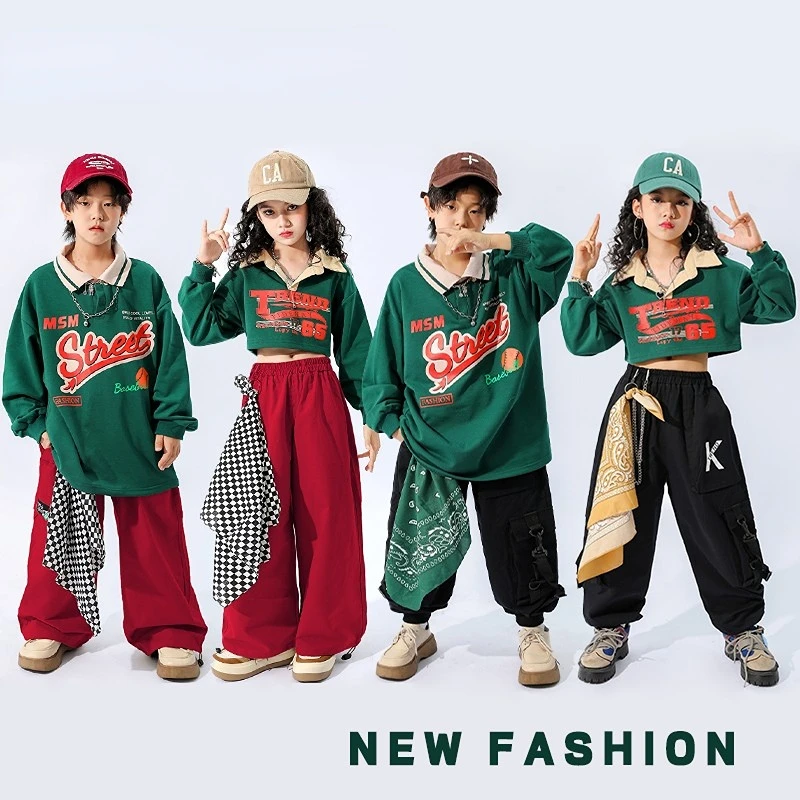 Boys Hip Hop Polo Sweatshirt Loose Cago Pants Girls Crop Top Street Dance Baggy Joggers Child Streetwear Kids Jazz Clothes Sets