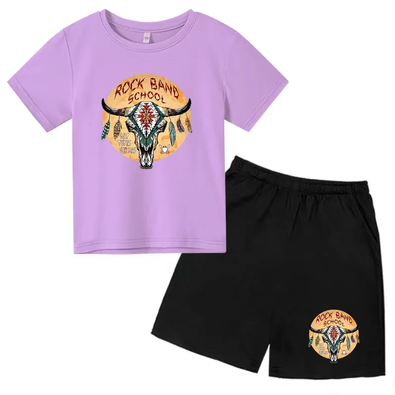 Kids Summer Clothing T-shirt Retro Ethnic Print Boys Girls Toddler 3-12Y Top+Short Sleeve 2P Sunshine Jogging Sports Casual Suit