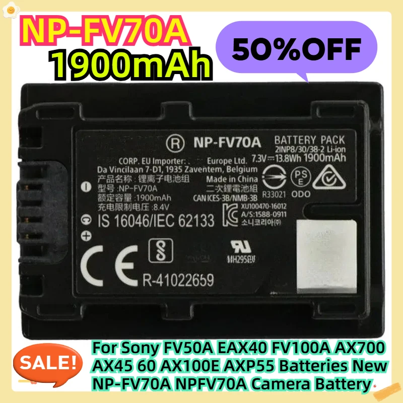 

For Sony FV50A EAX40 FV100A AX700 AX45 60 AX100E AXP55 Batteries New NP-FV70A NPFV70A 7.3V 1900mAh 13.8Wh Camera Battery