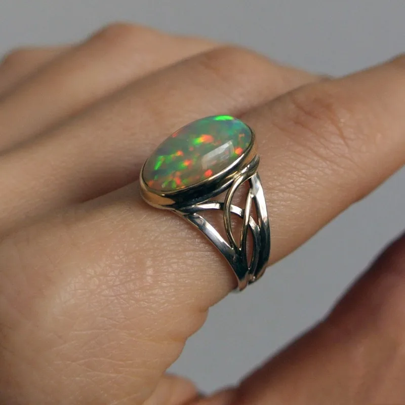 Exaggerated Ring Inlaid Large Egg Shape Opal Sunset On The Beach Color Perfect Decor For Cocktail Party Use It To Be The