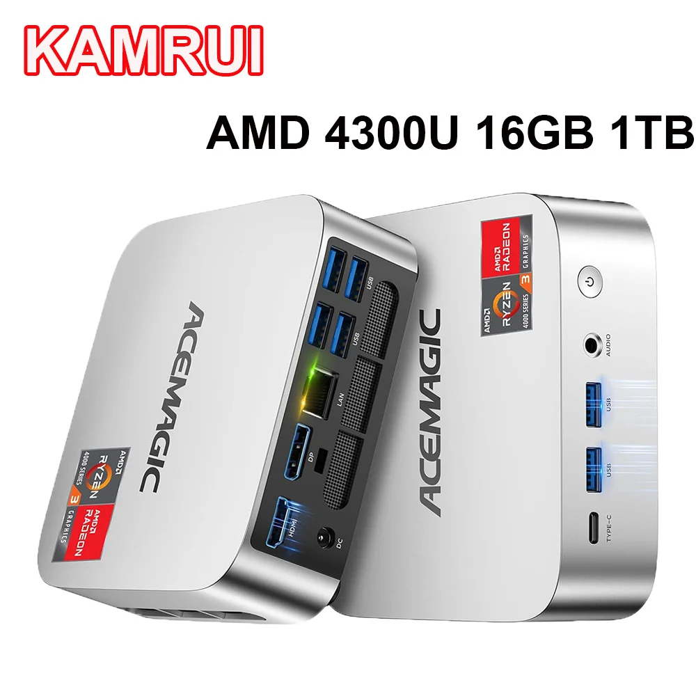 Mini PC AMD Ryzen 4300U 16GB DDR4 1TB SSD (Turbo 3.7GHz) Win 11 Pro Radeon 4K Triplo Display 3.2USB-C Max 28W Computer Desktop