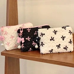 Pleated Bow Cosmetic Bag | Cotton Makeup Bag for Women Quilted Travel Girls' Make Up Organizer Portable Little Bow Makeup Pouch