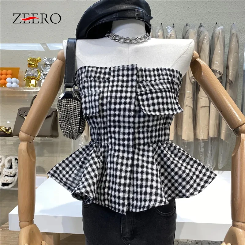 

Summer Korean Patchwork Ruffles Plaid Cropped Tops Sexy Slim Sleeveless Elastic Zipper Wrap Womens Tops and Blouses Streetwear