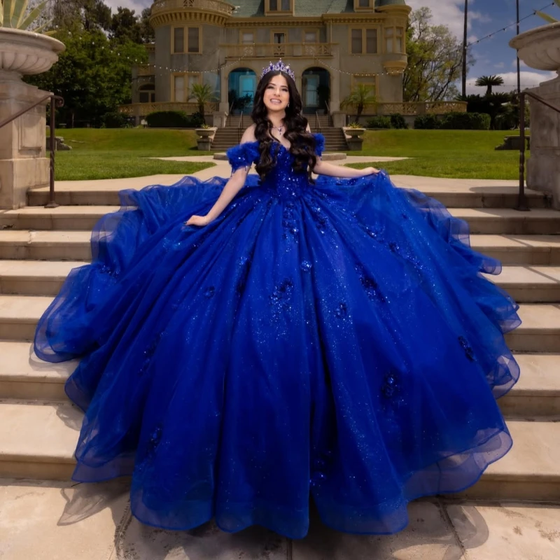 

Royal Blue Shiny Ball Gown Quinceanera Dresses Applique Flower Beading Crystal Tiered Tull Corset Off The Shoulder Sweet 16 dres