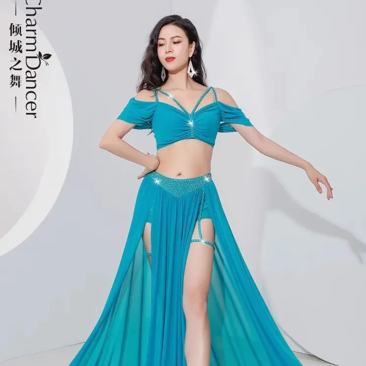 

Belly Dance Professional Suit for Women Mesh Short Sleeves Top+sexy Split Long Skirt 2pcs Girl's Oriental Belly Dancing Suit