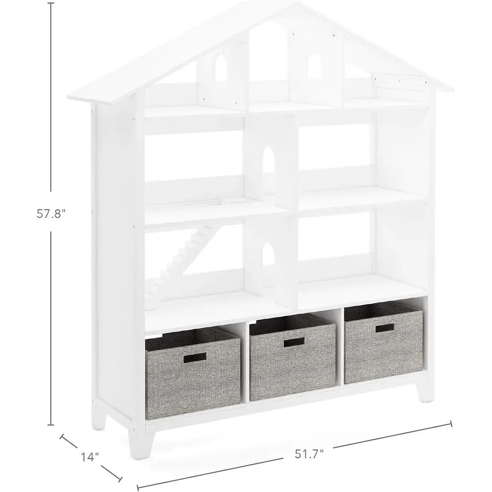 خزانة كتب خشبية بيضاء من الكتان: تخزين فاخر على طراز بيت الدمى لكتب الأطفال والألعاب |   مثالية لتنظيم كتب الأطفال الصغار وP