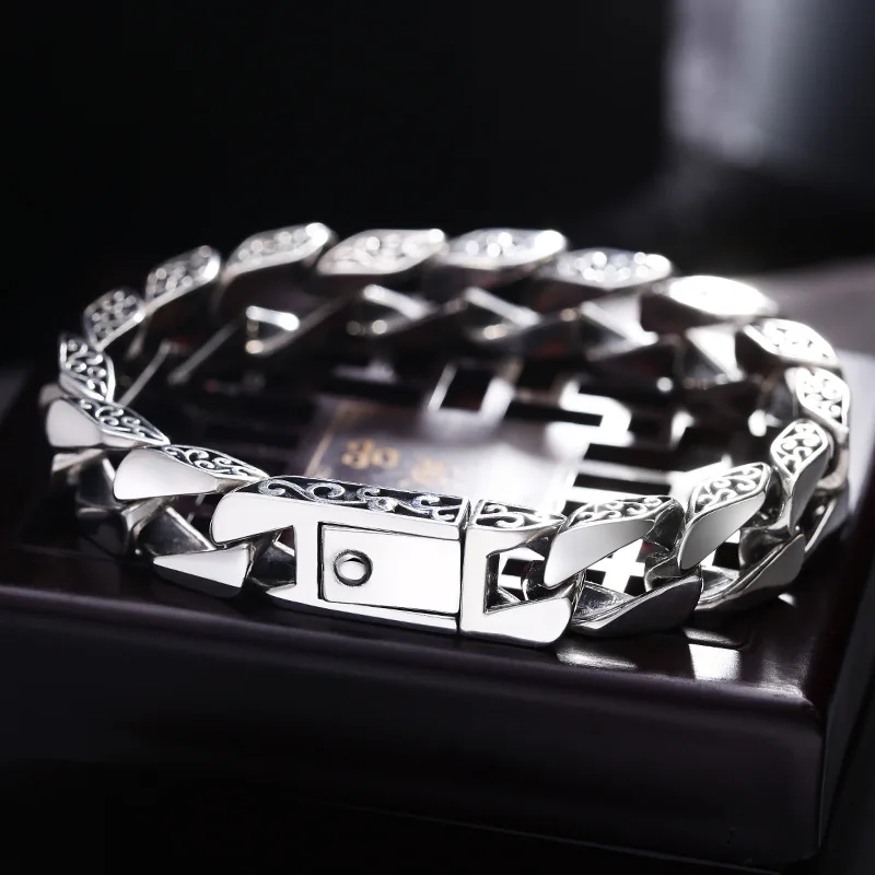 S925 sterling silver men's personalized rattan wreath buckle buckle tank bracelet Thai silver retro glossy silver chain