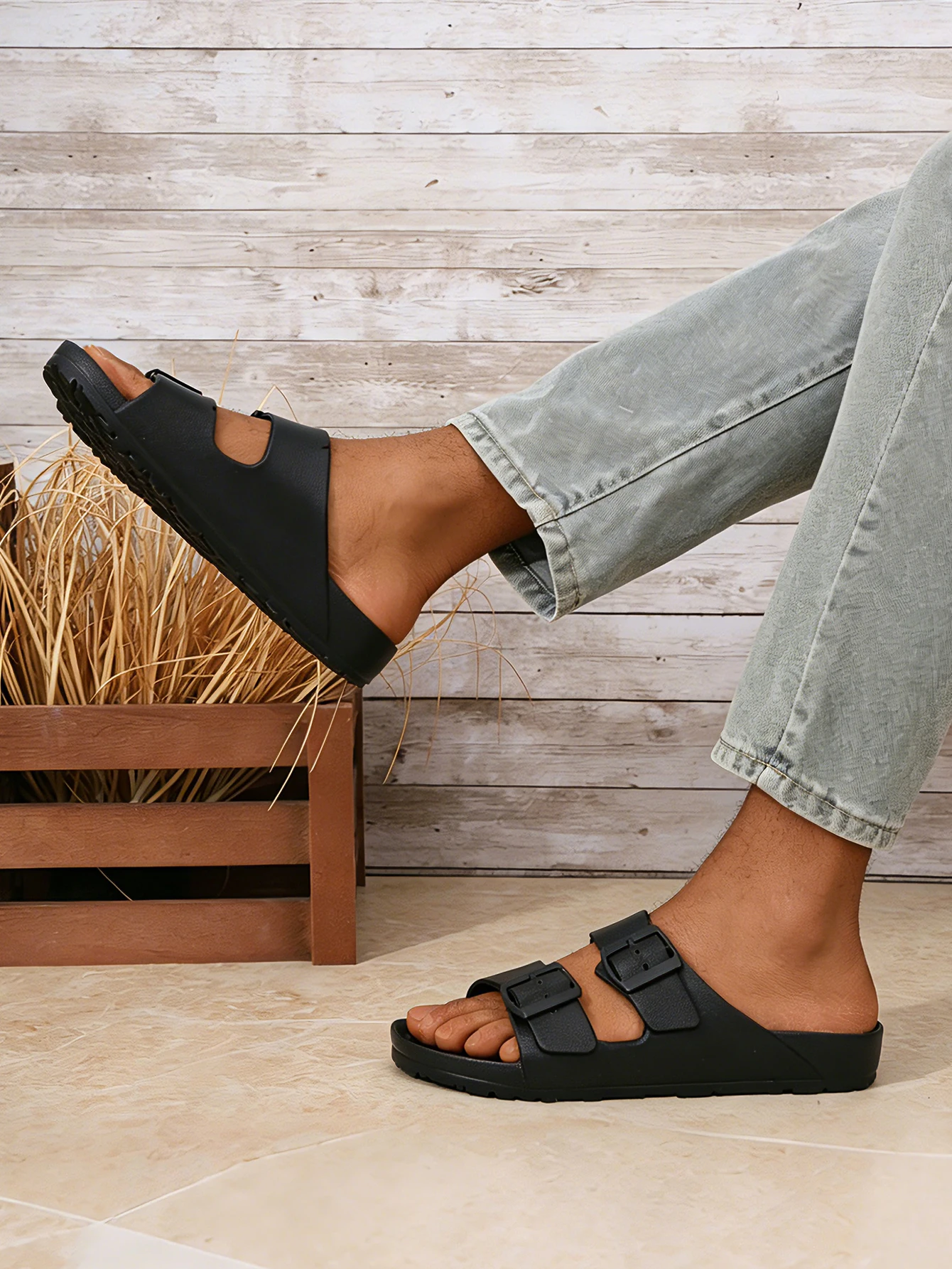 Men's Youth Mules New Summer Retro Casual Slip-On Shoes Eva One-Piece Double-Strap Half-Slip Flat Slippers with Adjustable Buckle