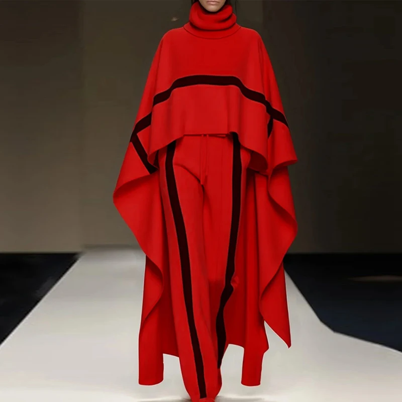 Nice Elegant Color Blocked Two Piece Set Fashion Commuter Irregular Winter Women Suits Loose Turtleneck Cloak Top + Long Pants O