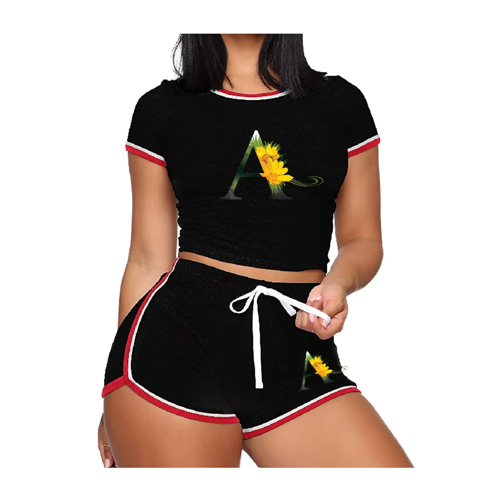 Womens 26 Letters A with Flowers Tracksuit Summer Short Sleeve T-shirts and Shorts Suit Casual Slim O Neck Cropped Tops