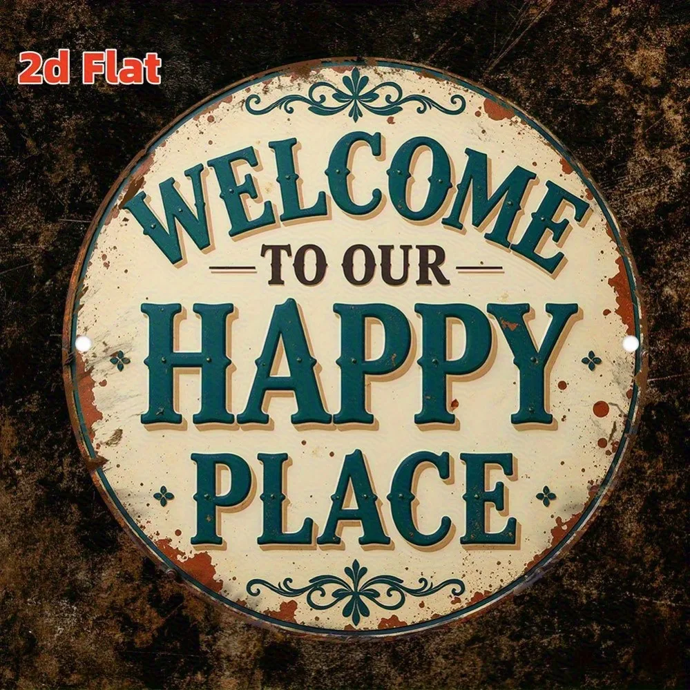 2D Metal Sign, Vintage Welcome to Our Happy Place Metal Wall Art, Rusty Green Round Decor for Kitchen Farmhouse Bedroom