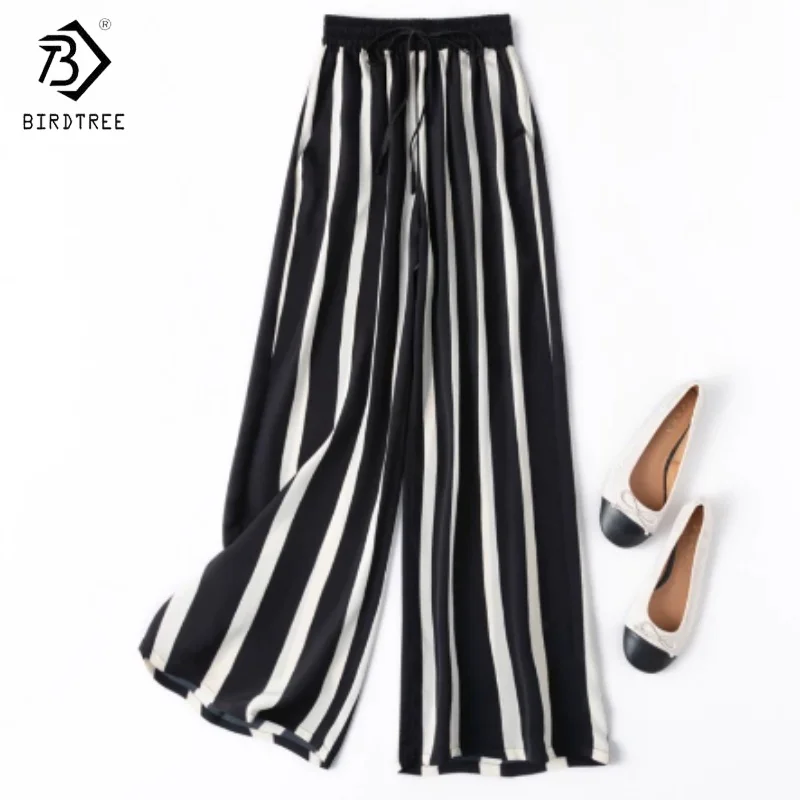 

Birdtre 24MM 93% Mulberry Silk 7% Nylon Pants,Women Elastic Double Crepe Elastic Waist Straight Stripe Pants,2025 New P56611JF