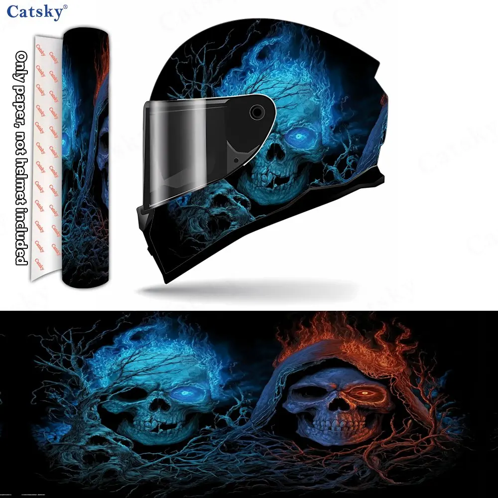 

Indigo Flame Skeleton Secret Realm Helmet Vinyl Wraps, Waterproof Scratch-Resistant Full Face Helmet Decals, Durable PVC Decorat
