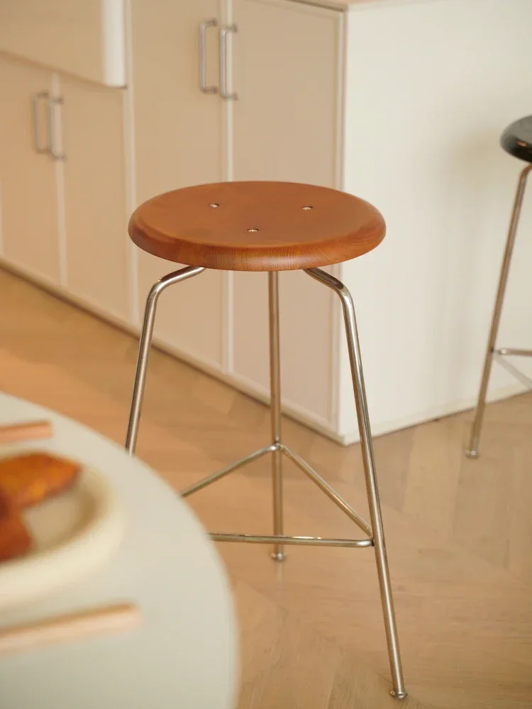 Simple bar chair creative household stainless steel dining chair island solid wood high stool