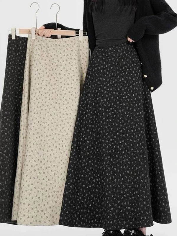 

Extra Large Size 300 Pou Floral Thiened Woolen f Skirt Women's Autumn Winter Mid-Length High Waist A-Line Skirt