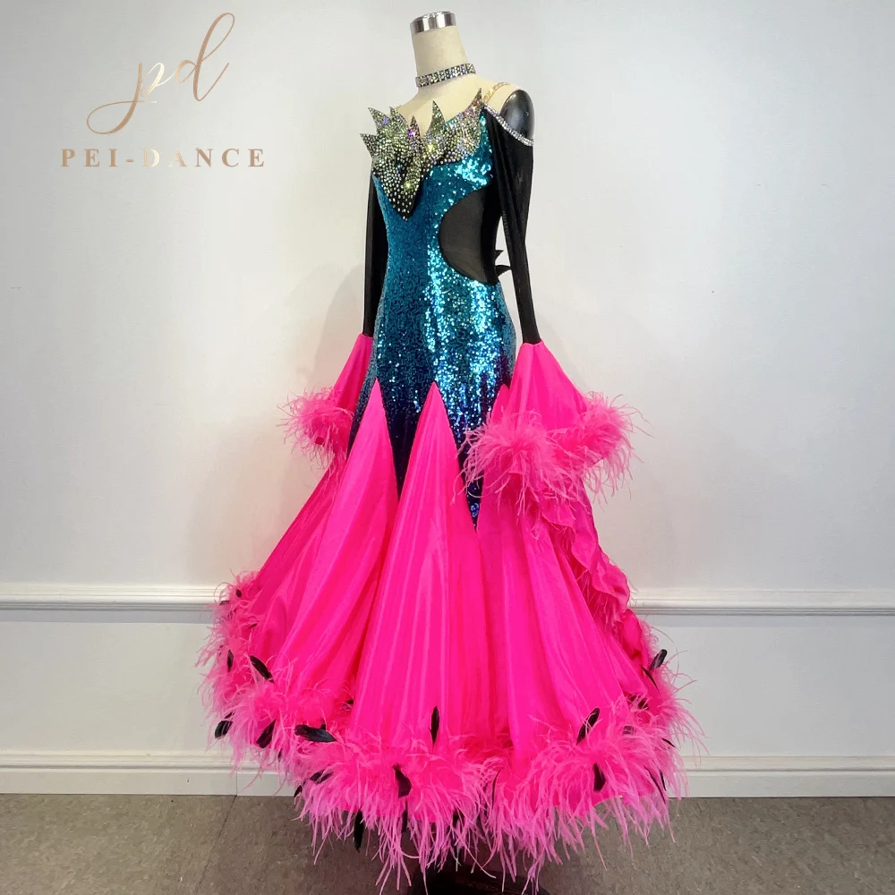 PEIDANCE New Arrival Buttock covering International Standard Ballroom Waltz Fox Trot Modern Dance Dress with Feather